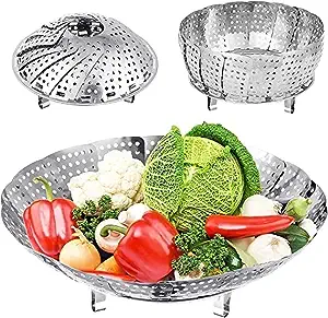 Stainless Steel Vegetable Steamer Cooking Basket - Steam Food Vegetable Momos Fish Dumpling Dimsum Potato - Multipurpose Veg Fruit Strainer Fits Any Cooker Pan Pot Bowl Kadai Foldable Adjustable Size